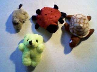 4 SOFT TOYS. DOGGIE, BEAR, LADYBIRD,TORTOISE.