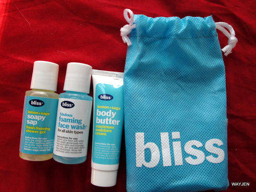 BLISS SAMPLE SET IN NEAT BAG. SOAPY SAP, BODY BUTTER, FOAMING FACE WASH.