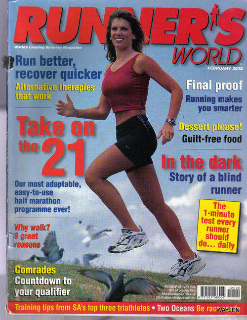 RUNNER'S WORLD  MAGAZINE. FEBRUARY 2002. FULL OF INTERESTING ARTICLES. SOME WEAR TO MAGAZINE.