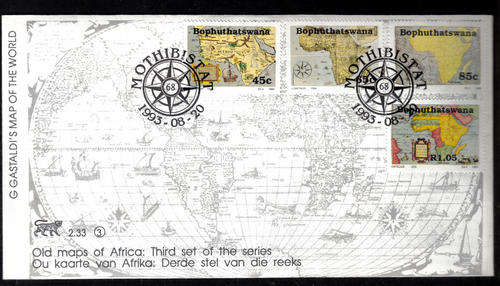 BOPHUTHATSWANA.OLD MAPS OF AFRICA. 3rd SET OF THE SERIES STAMPS. CARDS AND COVER. 1993.