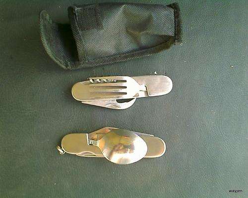 MULTI PURPOSE SURVIVAL SET. KNIFE,SPOON,FORK,CORKSCREW,BOTTLE OPENER etc IN A POUCH.