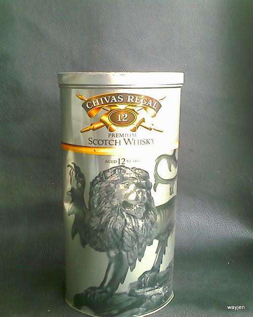 CHIVAS REGAL. EMPTY TIN. CHIVAS REGAL 12 YEAR OLD PREMIUM SCOTCH WHISKEY. UNIQUE SHAPE.