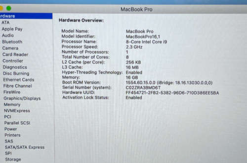 Apple MacBook Pro 16, Intel i9 2.3 Ghz, 8-Core 16GB RAM, 1TB SSD, 8GB AMD 5500M