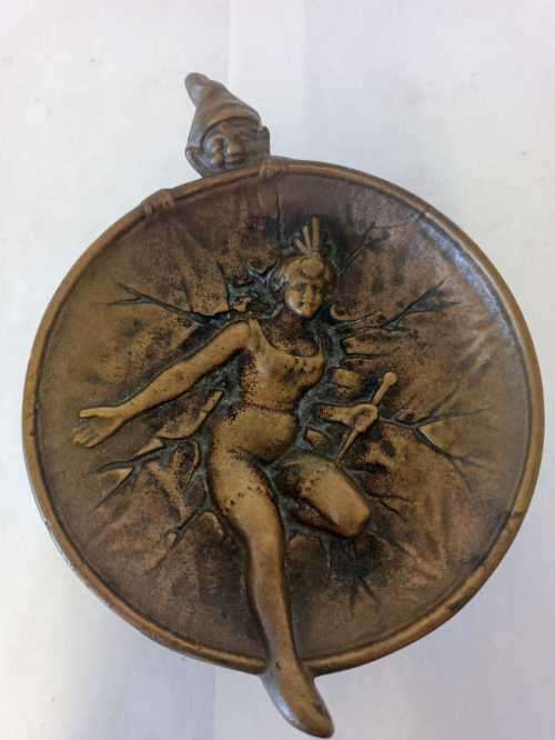 Antique Brass Desk Tray with Circus Lady and Spying Gnome, Elf.