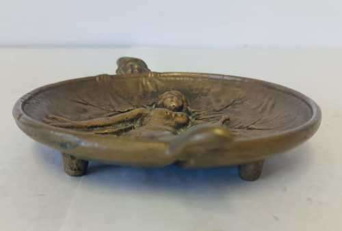 Antique Brass Desk Tray with Circus Lady and Spying Gnome, Elf.