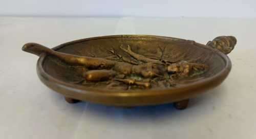 Antique Brass Desk Tray with Circus Lady and Spying Gnome, Elf.