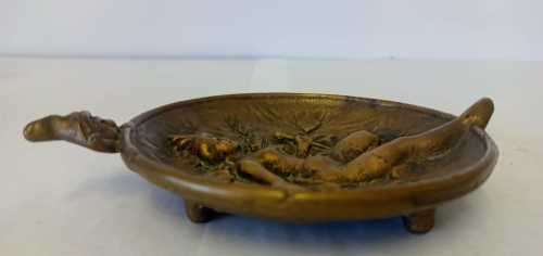Antique Brass Desk Tray with Circus Lady and Spying Gnome, Elf.