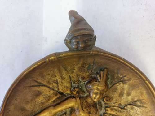 Antique Brass Desk Tray with Circus Lady and Spying Gnome, Elf.