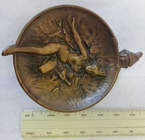 Antique Brass Desk Tray with Circus Lady and Spying Gnome, Elf.