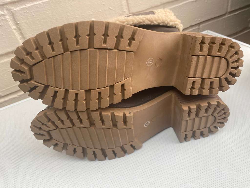 Woman`s Fleece Winter Ankle Boots Chunky Stacked Heeled - Brown - Size 6 (Customer return - no box)