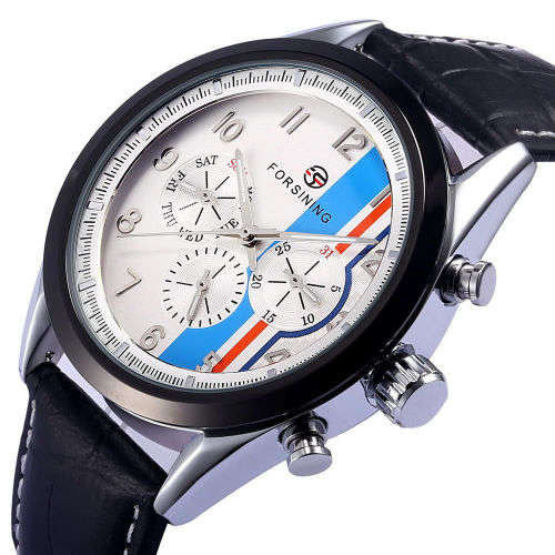 FORSINING GT  Mechanical/Automatic 6 Hand  Black Leather Gents Dress Watch"STUNNING NEW ITEM"