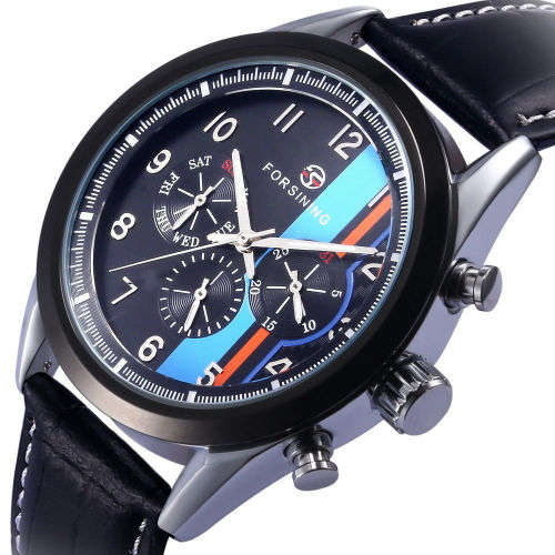 FORSINING GT  Mechanical/Automatic 6 Hand  Black Leather Gents Dress Watch"STUNNING NEW ITEM"