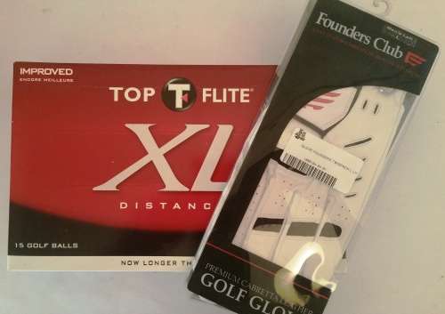 UNBEATABLE: TOP T FLITE XL BOX WITH 15 GOLF BALLS AND TWINPACK FOUNDERS CLUB GLOVES (MEN LEFT L)