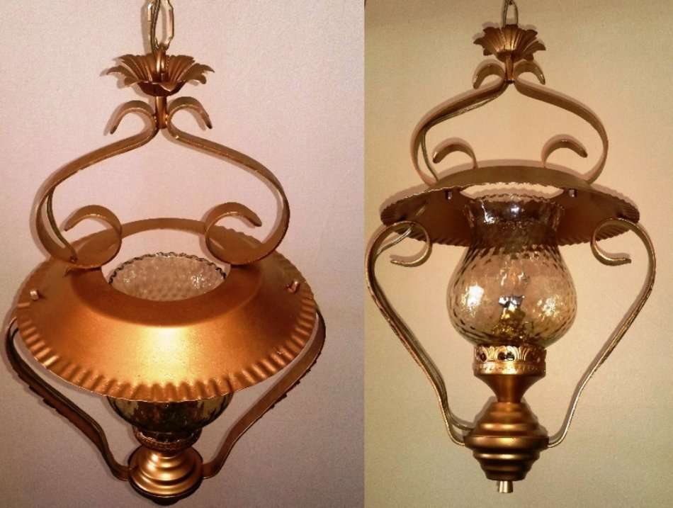VINTAGE COLONIAL PENDANT AND LIGHT AMBER SHADE: GILT WITH SINGLE GLOBE