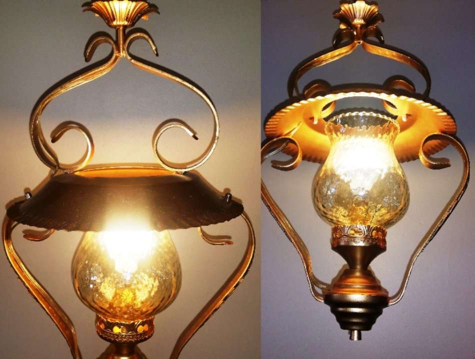 VINTAGE COLONIAL PENDANT AND LIGHT AMBER SHADE: GILT WITH SINGLE GLOBE