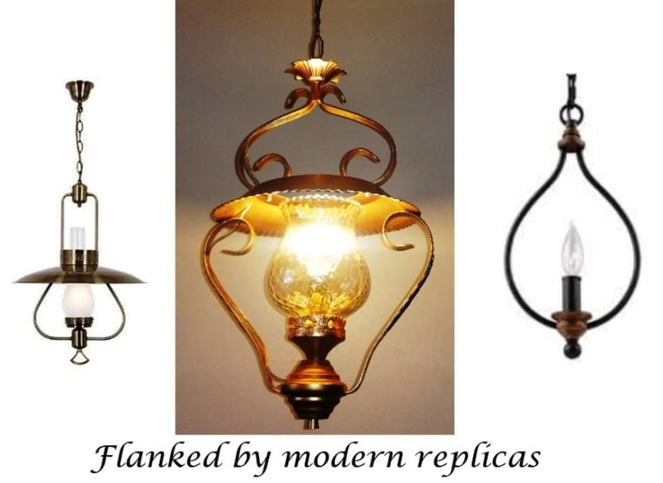 VINTAGE COLONIAL PENDANT AND LIGHT AMBER SHADE: GILT WITH SINGLE GLOBE