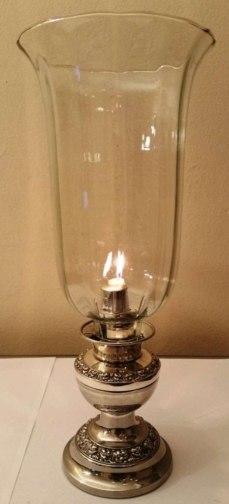 IANTHE SILVER-PLATED SPRING-LOADED CANDLE HOLDER WITH LARGE GLASS SHADE