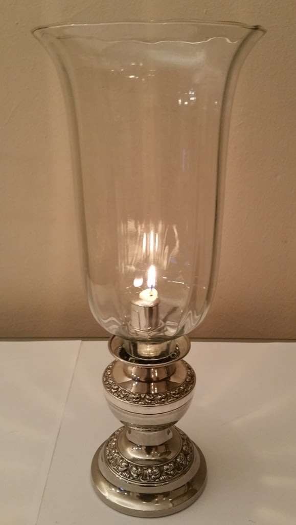 IANTHE SILVER-PLATED SPRING-LOADED CANDLE HOLDER WITH LARGE GLASS SHADE