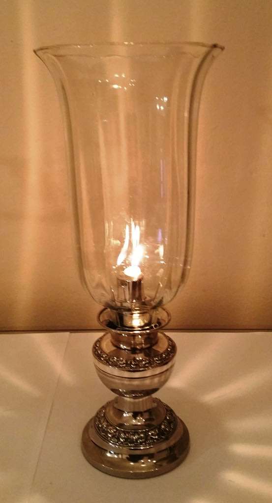 IANTHE SILVER-PLATED SPRING-LOADED CANDLE HOLDER WITH LARGE GLASS SHADE