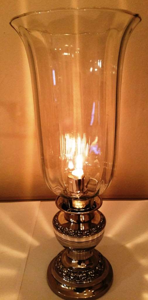 IANTHE SILVER-PLATED SPRING-LOADED CANDLE HOLDER WITH LARGE GLASS SHADE