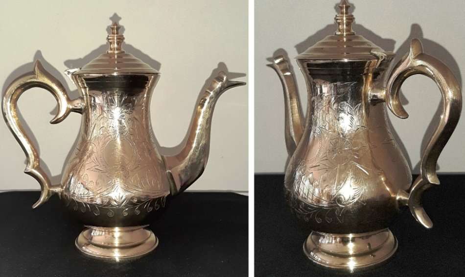 VICTORIAN-STYLED 5-PIECE TEA & COFFEE SET WITH SPIRIT KETTLE WATER WARMER - BRASS & PLATED ON BRASS