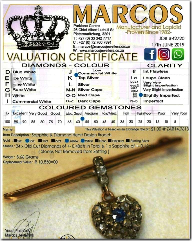 SAPPHIRE and 24 DIAMONDS HEART DESIGN BROOCH SET IN GOLD