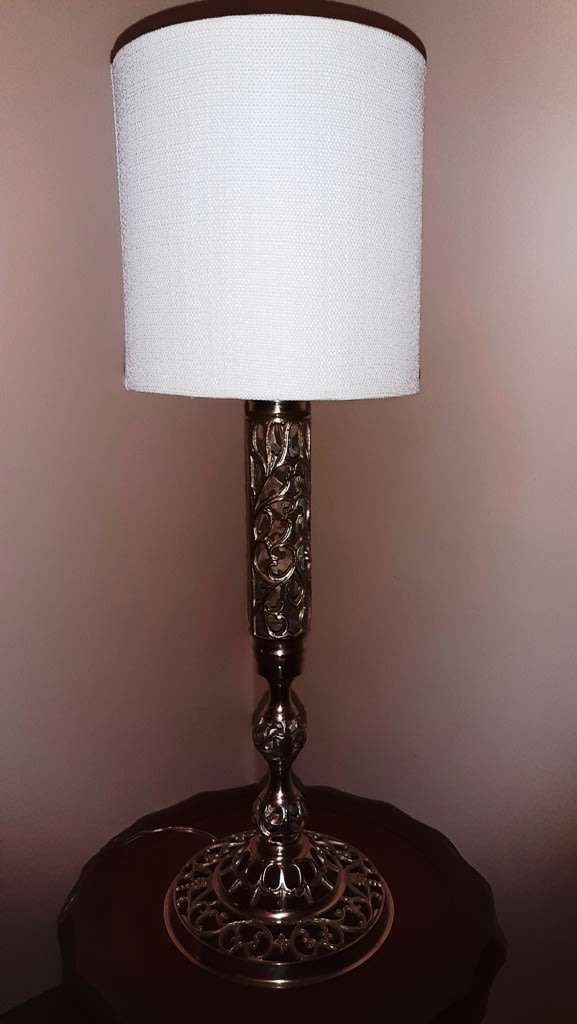 SOLID BRASS TALL TABLE LAMP WITH MEANDERING FILIGREE & WHITE SHADE