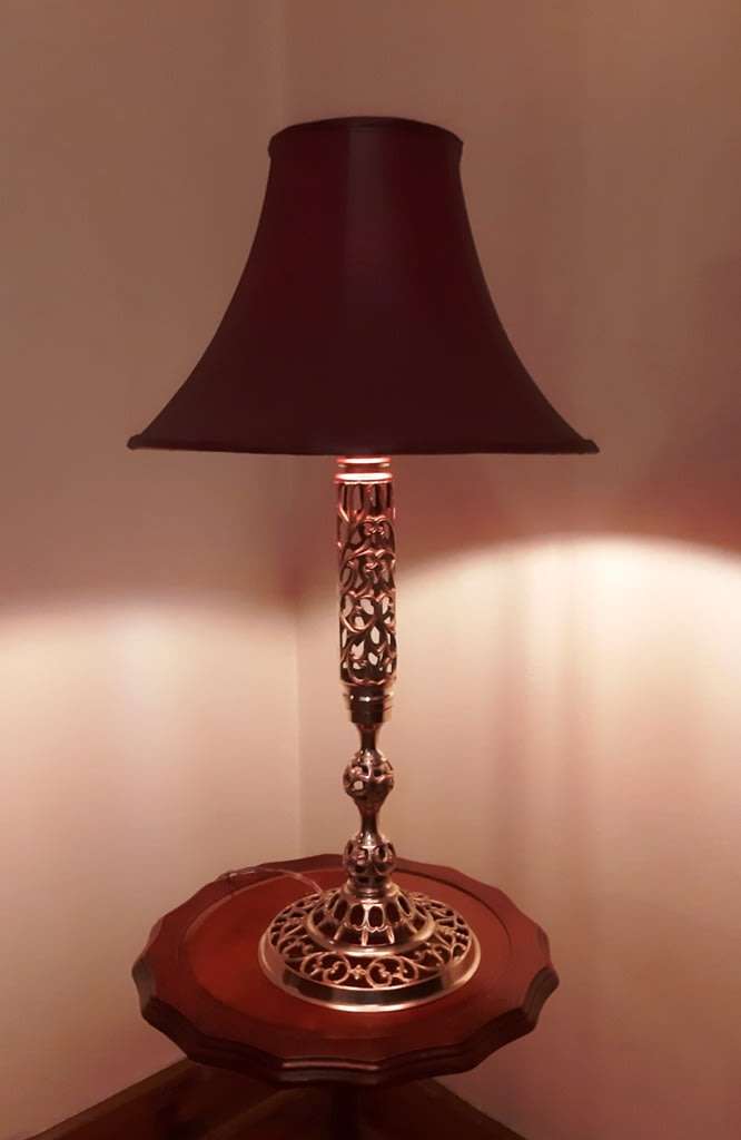 SOLID BRASS TALL TABLE LAMP WITH MEANDERING FILIGREE & WHITE SHADE