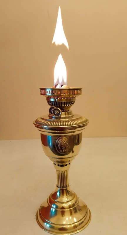 BRASS DUPLEX OIL / PARAFFIN LAMP WITH ROMAN FEATURES