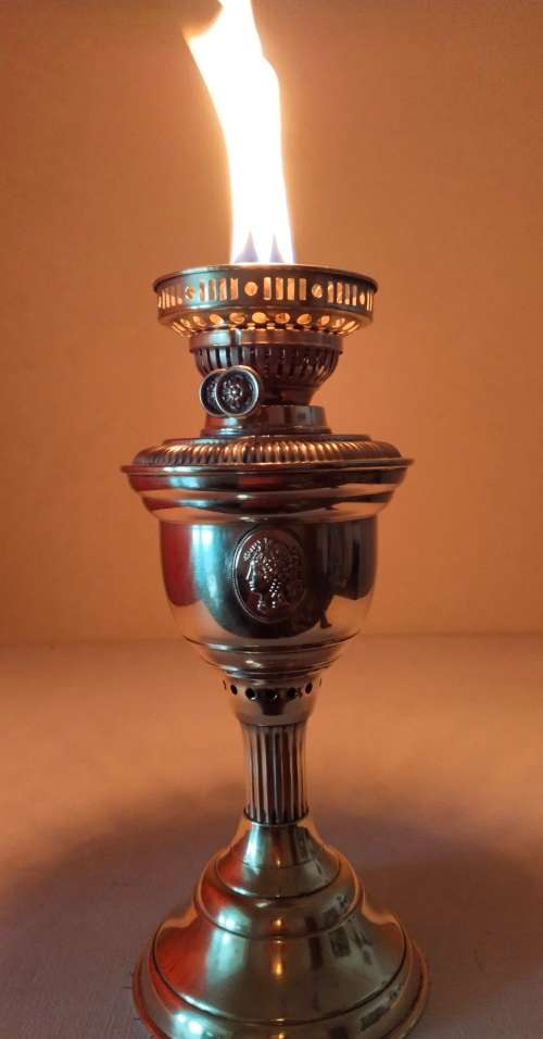 BRASS DUPLEX OIL / PARAFFIN LAMP WITH ROMAN FEATURES