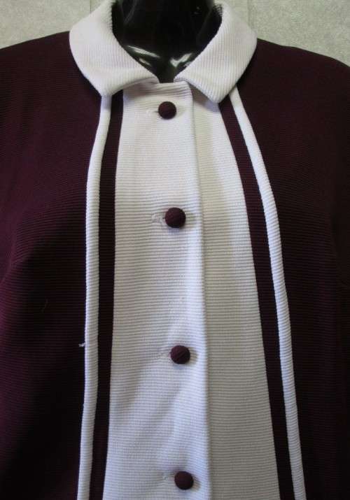 Vintage Maroon & White Crimplene Two Piece, Mini Skirt - Size 36 (Waist 62cm)