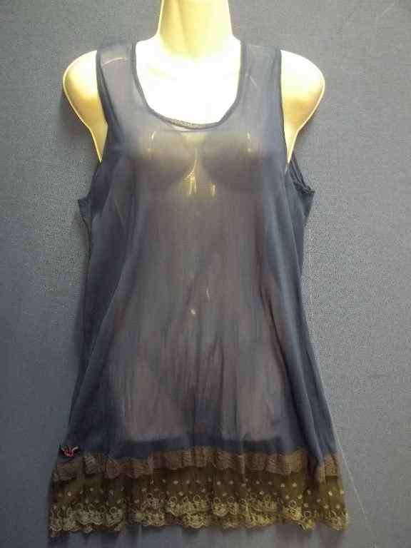 Sheer Indigo Stretch Long Length Top With Charcoal Lace Detail - Size S