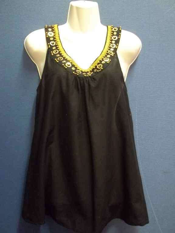 100% Cotton Lightweight Black Sleeveless Shirt With Gold Bead Detail - Size S (Small Cut)