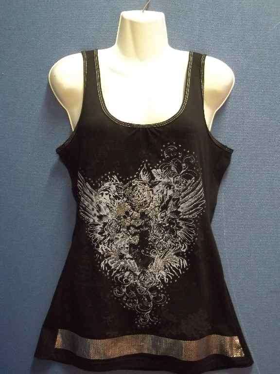 Sleeveless Patterned Black T-Shirt (Polester/Rayon/Spandex) - Size 34