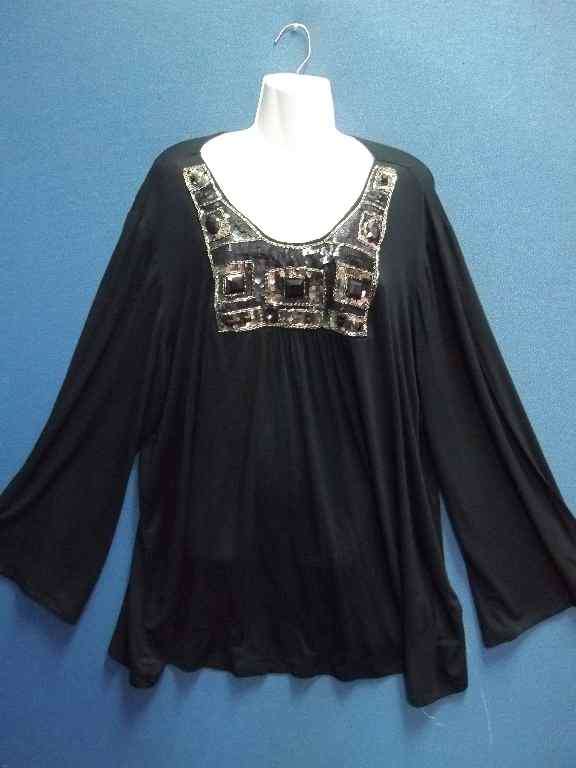Long Sleeve Black T-Shirt With Heavy Sequin Detail - Size 48