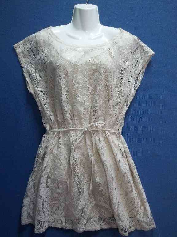 Beige Polyester Long Length Netting Tunic Style Top With Camisole That Ties At The Waist - Size 40