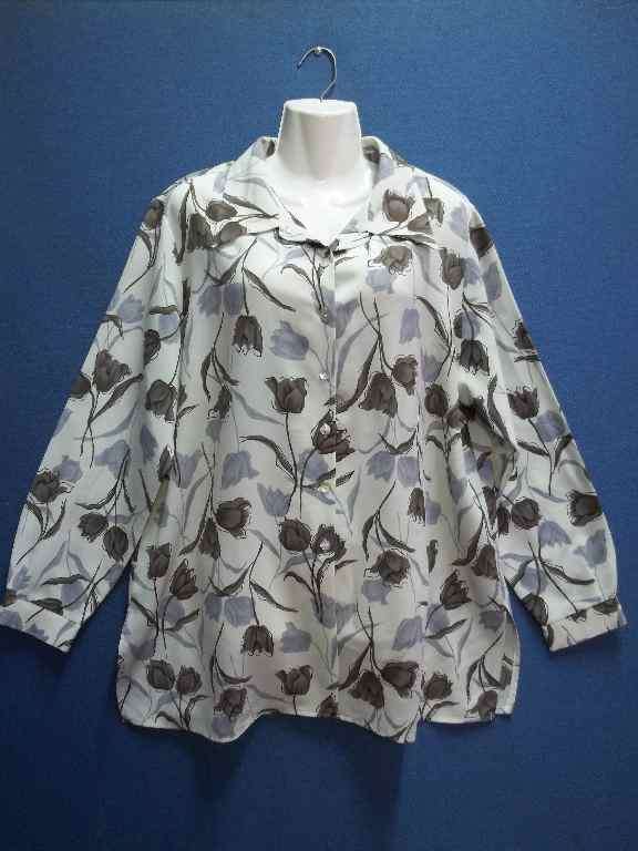 Long Sleeve Grey/Cream Floral Polyester Shirt - Size 42