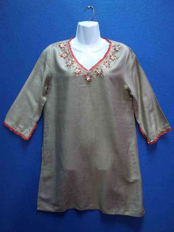 Longer Length Beige & Orange Top With Three Quarter Sleeves, Sequin & Bead Detail - Chest 100cm