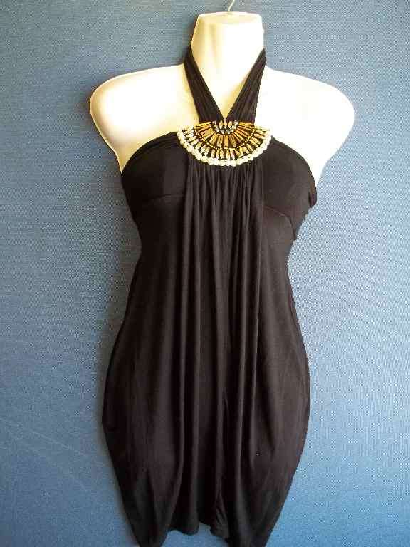 Long Length Halterneck Black T-Shirt With Bead Detail - Chest 64cm