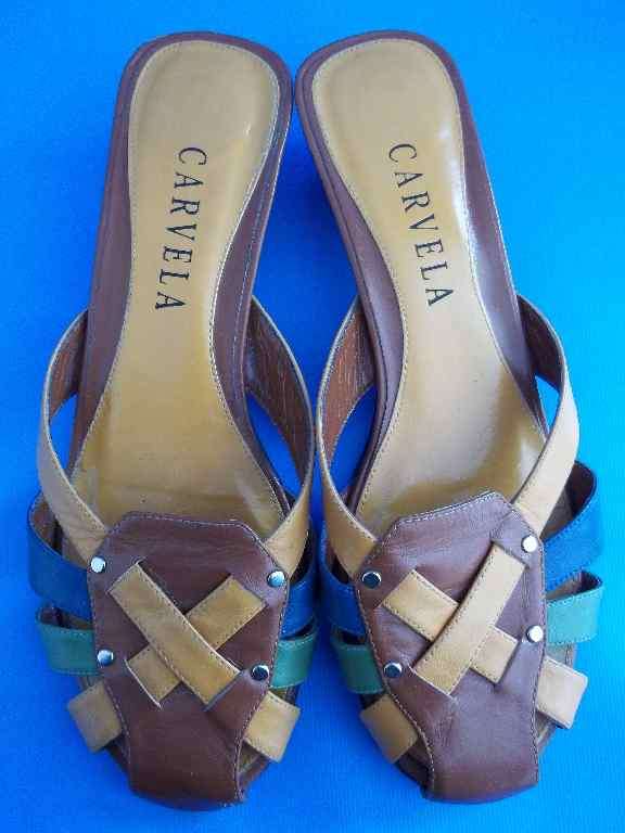 Brown/Tan/Teal/Green Sandals, 4cm Heels - Size 5 * Quality Brand