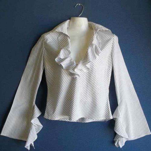 Stripy Stretch Cotton Shirt With Ruffle Detail - Size 38