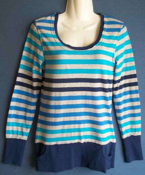 Grey & Blue Stripy Longer Length Long Sleeve Stretch Cotton T-Shirt - Size 36