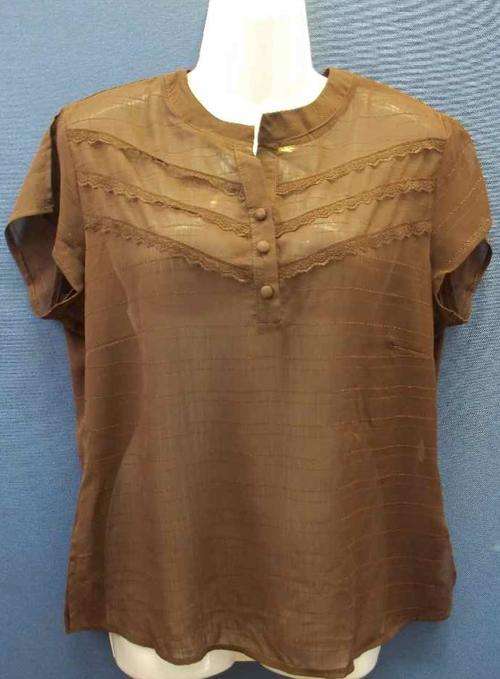 Brown Sheer Polyester Top With Lace Detail - Size 38
