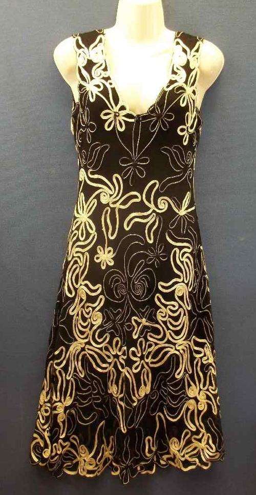 Stretch Black & Cream Netting Type Fully Lined Dress - Size 30/32 (Chest 78cm-82cm)