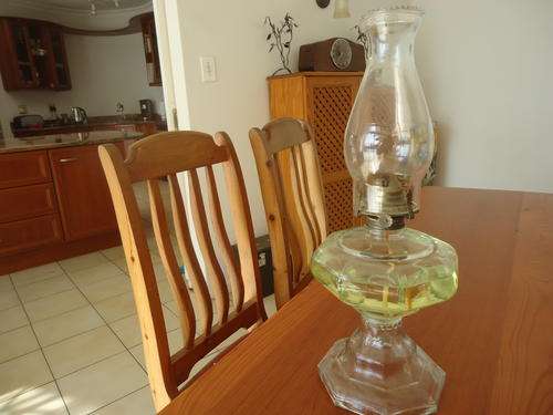 ORNATE CLEAR PRESSED GLASS PARAFFIN LAMP - IN COMPLETE WORKING CONDITION