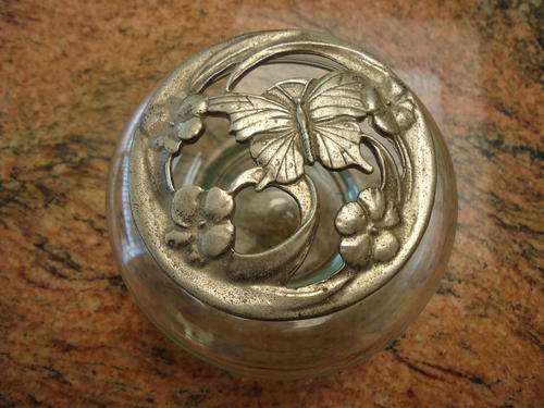 LOVELY PEWTER LID WITH BUTTERFLY & GLASS BASED TRINKET JAR