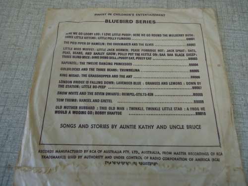 PICTURE SLEEVE "SING AND PLAY SONGS"-45 RPM EXTENDED PLAY AUSTRALIAN RCA BLUEBIRD SEVEN SINGLE