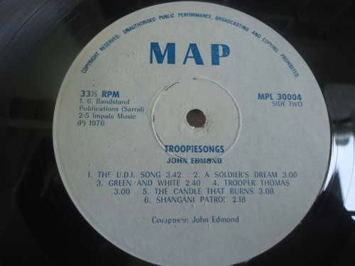 JOHN EDMOND  -TROOPIESONGS - RHODESIAN 1976  MAP STEREO LP ON RECYCLED CARDBOARD