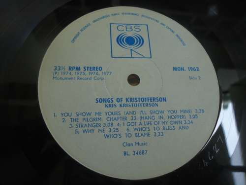 KRIS KRISTOFFERSON 'SONGS OF KRISTOFFERSON" RHODESIAN 1977 CBS STEREO LP + RECYCLED CARDBOARD COVER