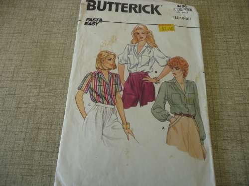 BUTTERICK PATTERN 4496 -BLOUSES -  SIZES 12 + 14 + 16  COMPLETE